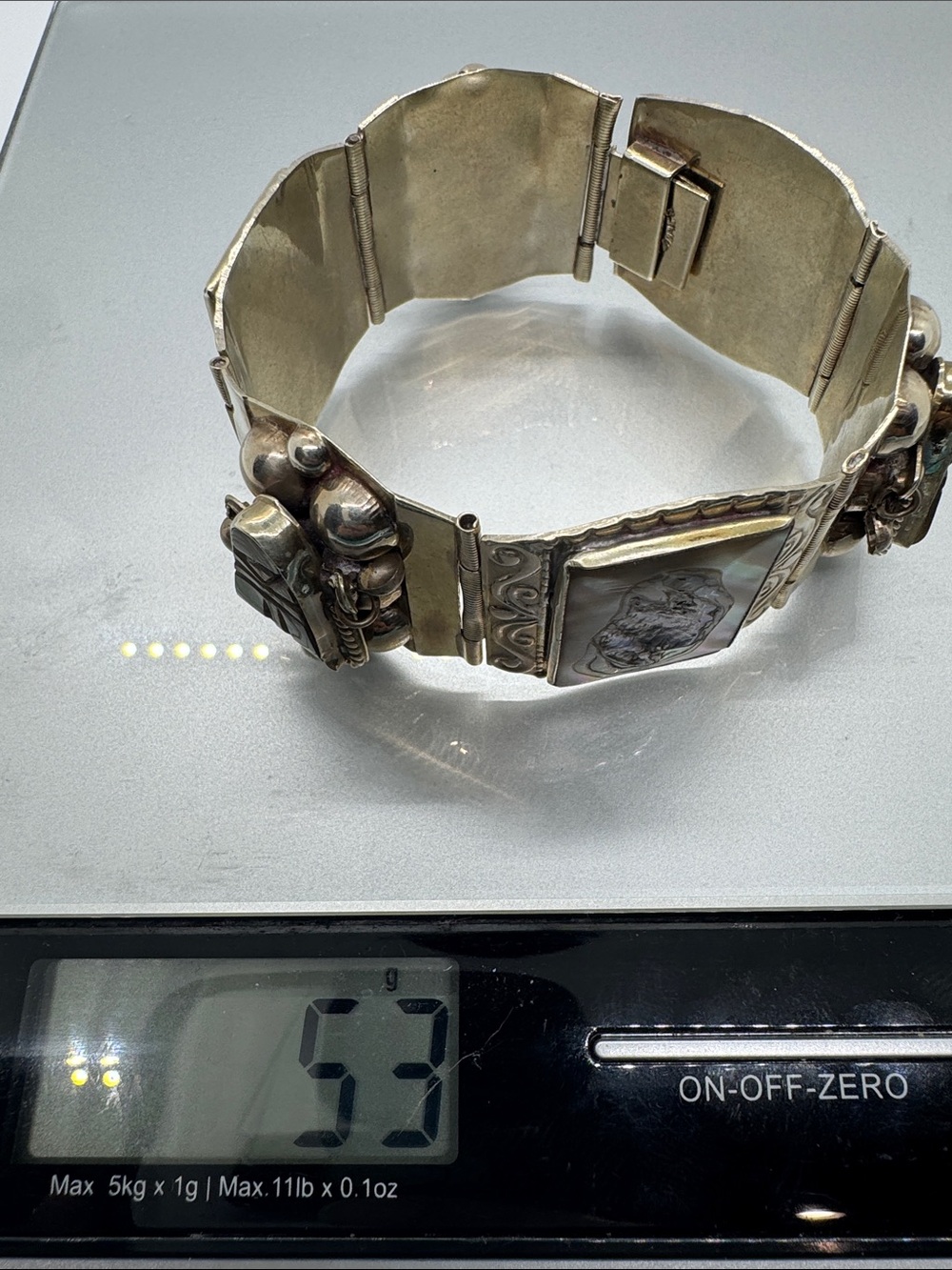 Vintage Taxco Mexico 925 Sterling Silver Abalone Aztec Mask Panel Bracelet - Picture 15 of 16